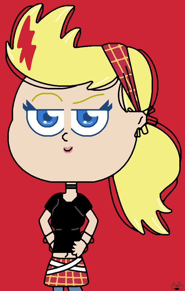 Stylized cartoon girl with spiky blonde hair, red lightning bolt, blue eyes, black top, and plaid skirt against red background.