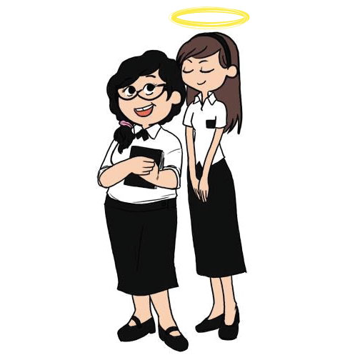 Two smiling female office workers in uniforms; one holds a notebook, the other has a halo and stands serenely behind.