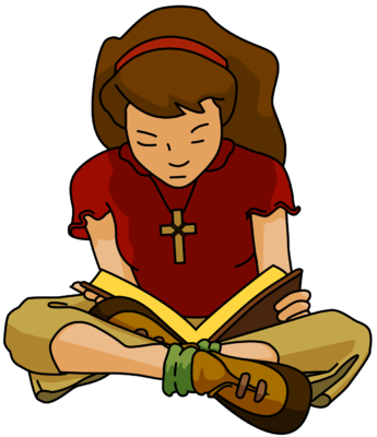 A young girl with brown hair, wearing a red shirt and cross necklace, sits cross-legged reading a book.