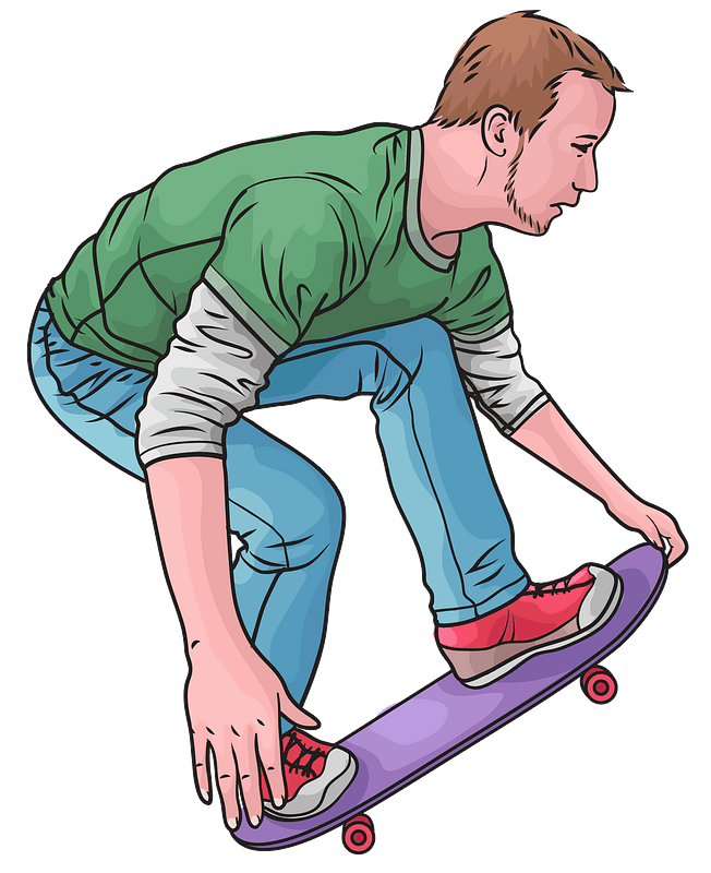 Young man in green shirt and jeans crouching on a purple skateboard, performing a trick with red sneakers.