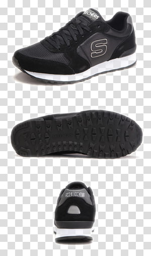 Black Skechers athletic sneaker with mesh upper, logo side panel, and white midsole shown from top, sole, and heel angles.