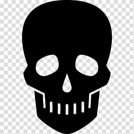 Black silhouette of a stylized human skull with hollow eye sockets, nasal cavity, and visible teeth on transparent background.