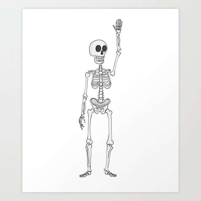 A cartoon-style human skeleton standing upright and waving with one hand.