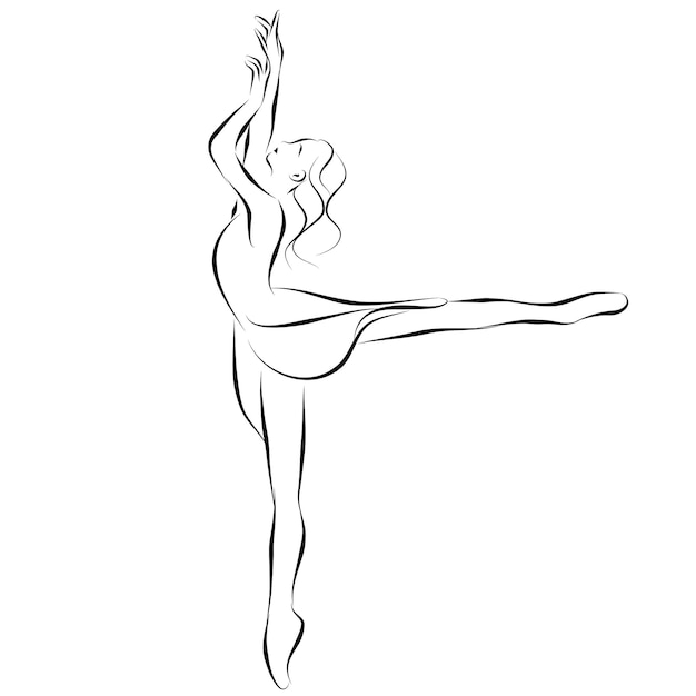 Elegant line-art sketch of a ballerina in arabesque pose, arms raised, one leg extended behind.