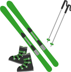 Green skis, black ski boots with green straps, and silver ski poles on a teal background.