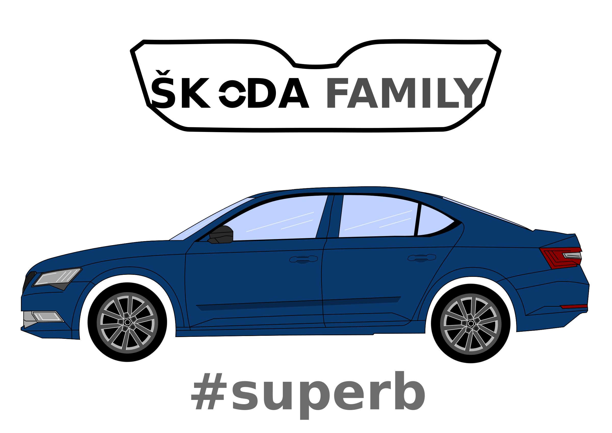 Blue ŠKODA sedan illustration with "ŠKODA FAMILY" logo and #superb hashtag.