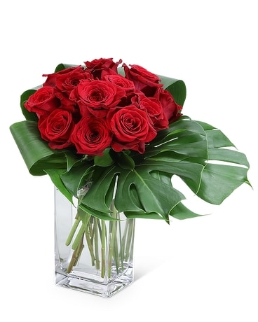 Elegant Red Rose Bouquet with Monstera Leaves | Fresh Floral Arrangement