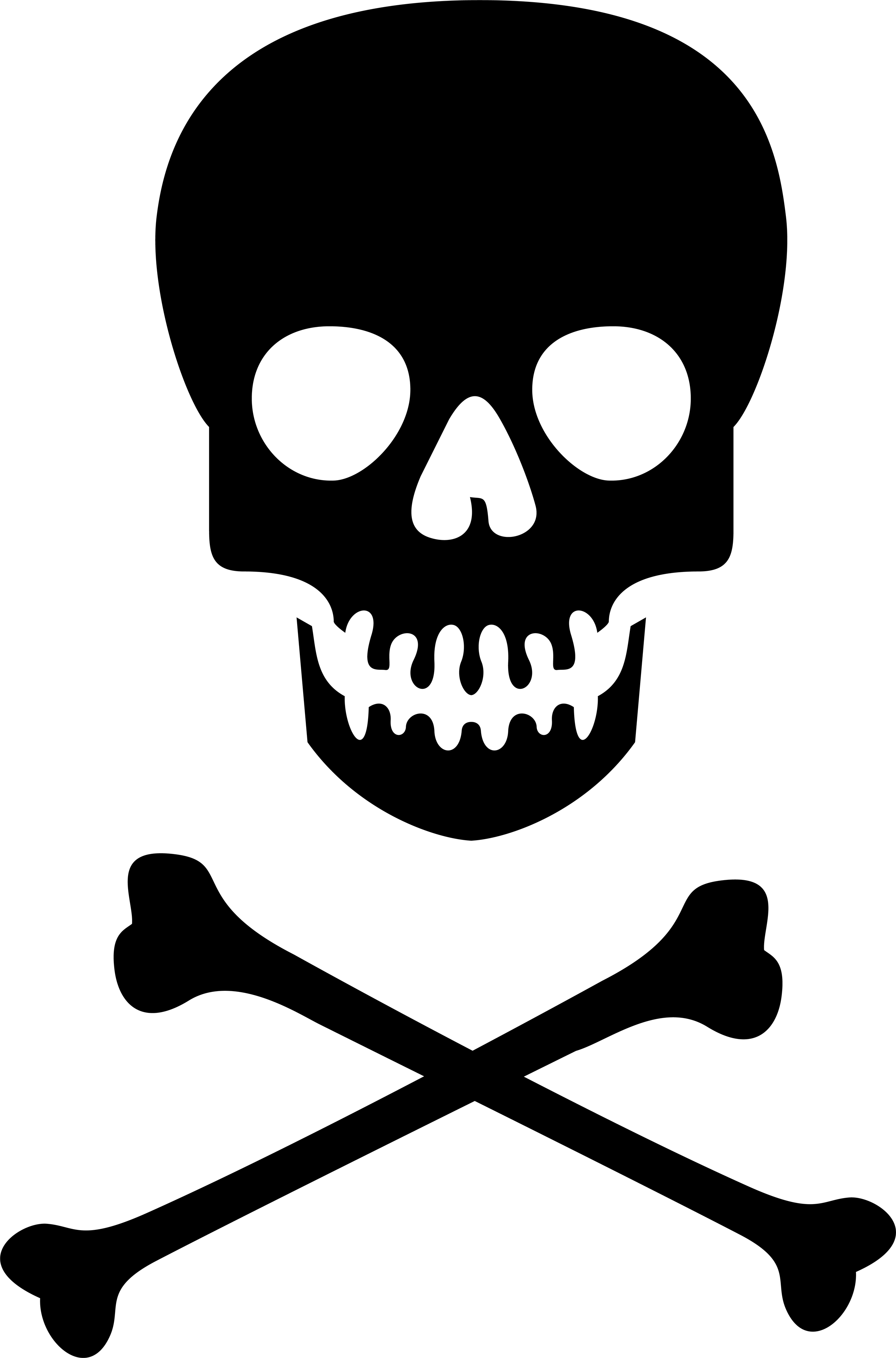 Pixel-art skull with large white eye sockets and nose, holding a crossbones pose.