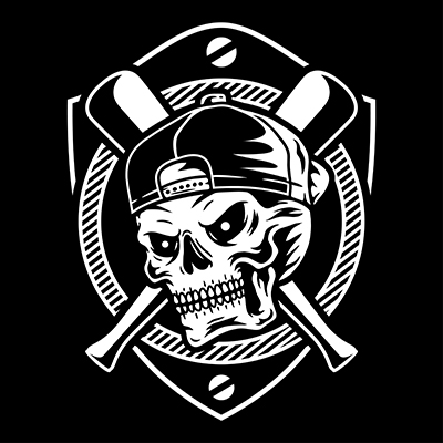 Skull wearing a baseball cap with crossed bats behind, in a shield emblem design.