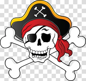 Pirate skull wearing tricorn hat and red bandana over crossed bones.