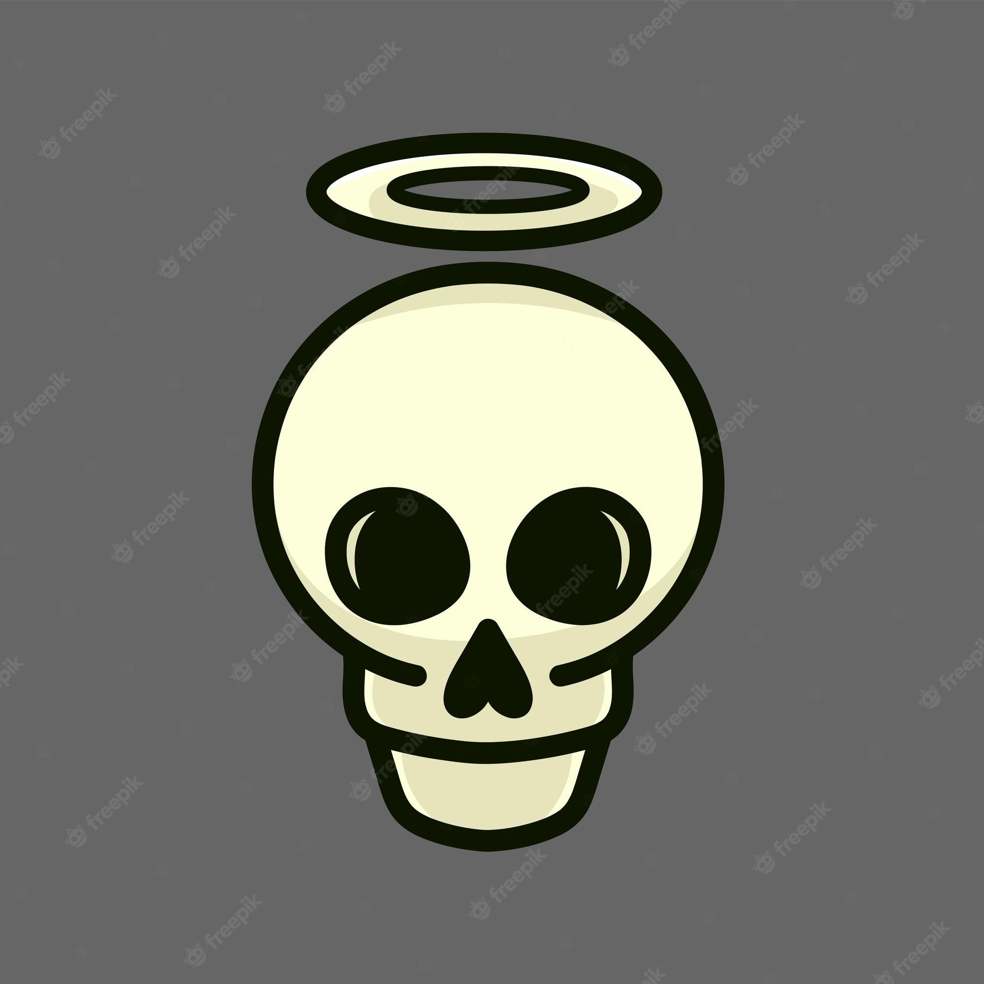 Cartoon skull with angel halo, stylized vector illustration on gray background