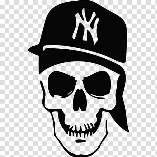 Skull wearing a black NY Yankees cap with side-swept brim, stylized graphic on transparent background.