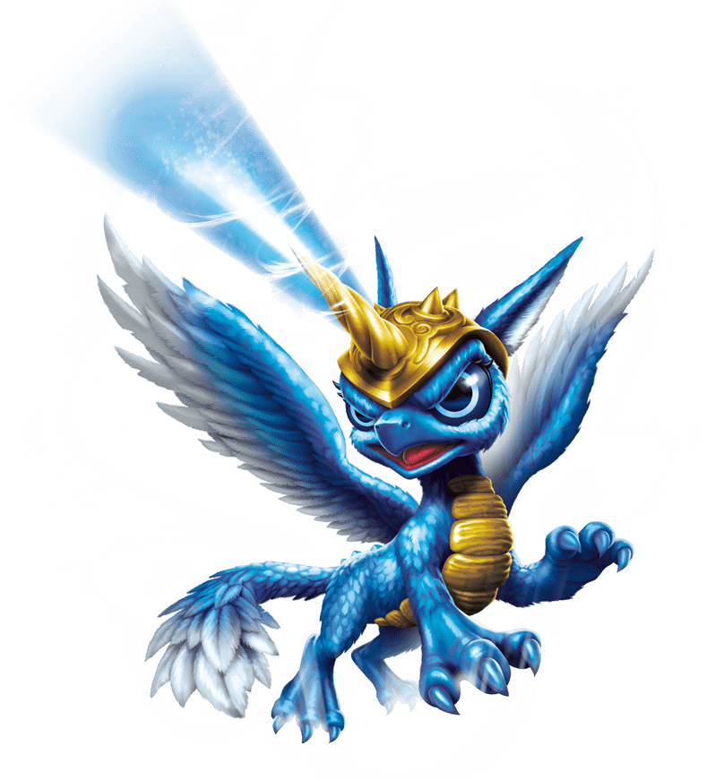 A blue dragon-like creature with golden armor and wings, unleashing a beam of icy energy from its horn.