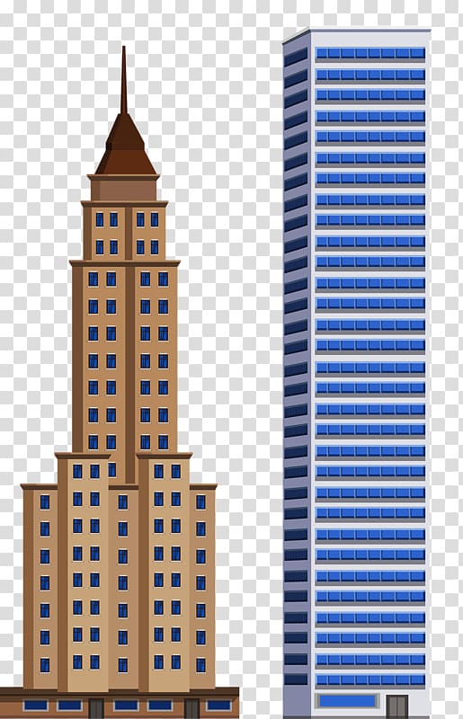 Two stylized skyscrapers-one Art Deco with spire, one modern glass tower-on transparent background.