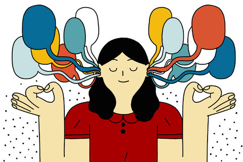 A calm woman meditating with colorful thought bubbles flowing from her head, symbolizing mindfulness and mental clarity.