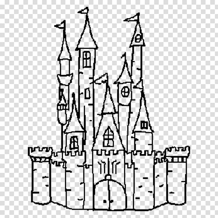Hand-drawn black-and-white fairy-tale castle with multiple turrets, flags, and crenellated walls.