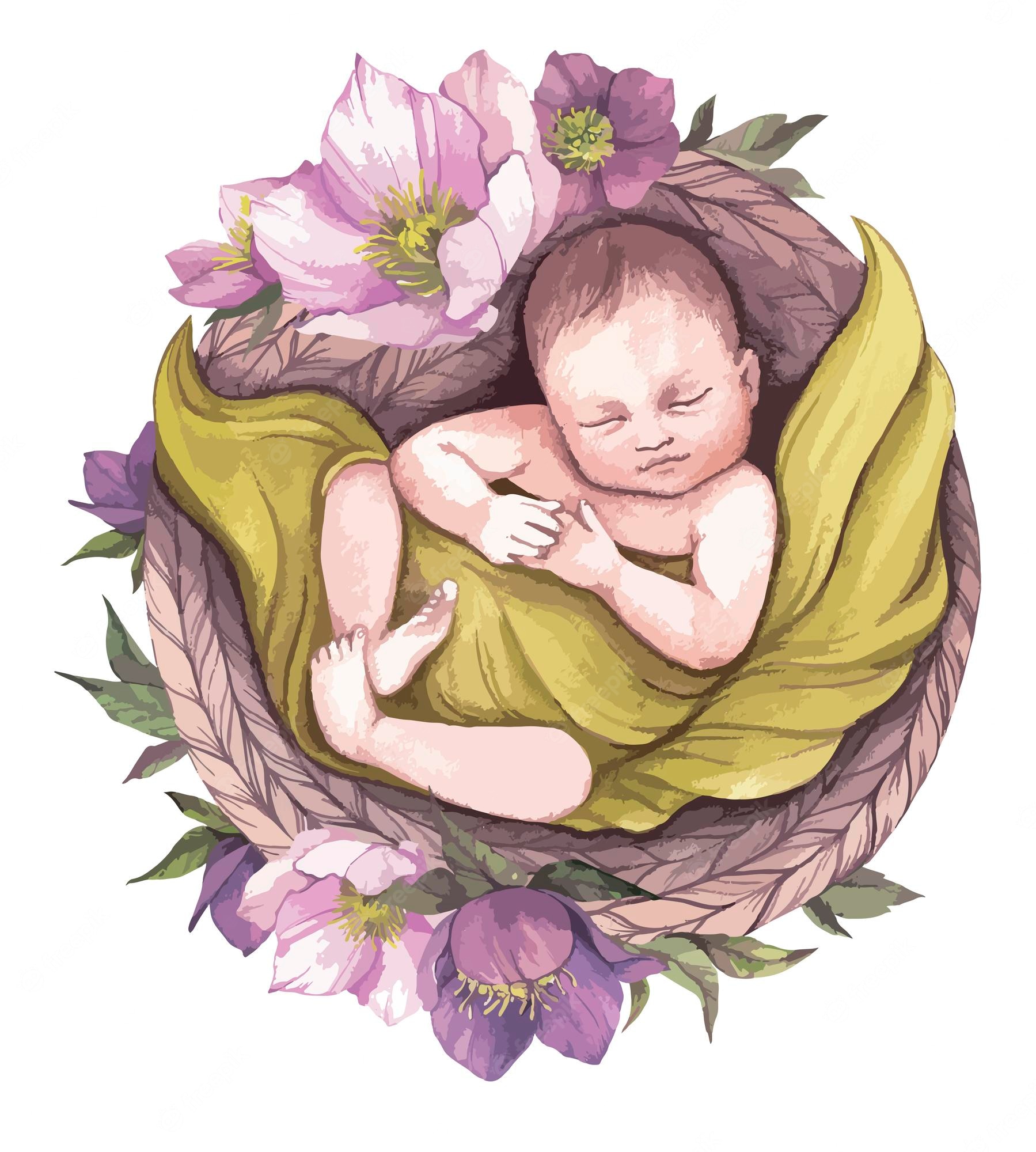 Sleeping newborn baby swaddled in green fabric, nestled in a leafy wreath with pink and purple hellebore flowers.