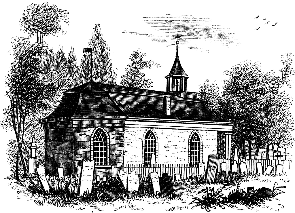 Black-and-white illustration of a small stone chapel with Gothic windows, a bell tower, and surrounding graveyard with tombstones and trees.