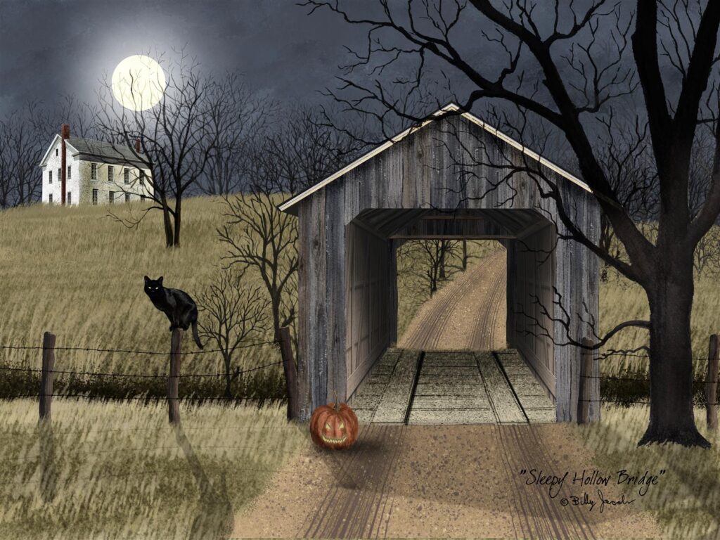 A spooky moonlit scene with a black cat on a fence post, a carved pumpkin, and a covered bridge leading to a distant house.