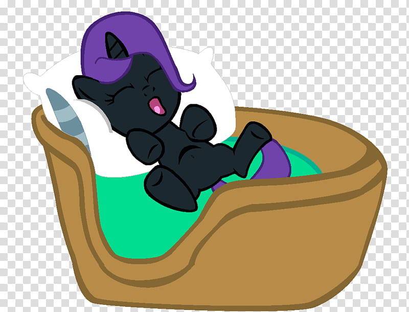A black cartoon pony with purple mane sleeping peacefully in a wooden bed with green blanket and white pillow.