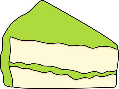 A cartoon-style slice of layered cake with green frosting and filling, two cream layers separated by green swirls.