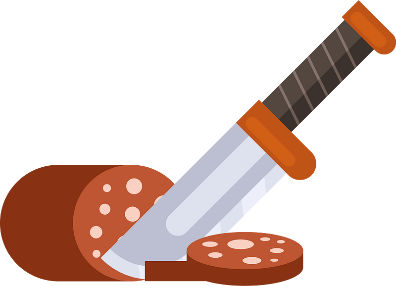 A chef's knife slicing through a log of salami, with a round slice separated, on a green background.