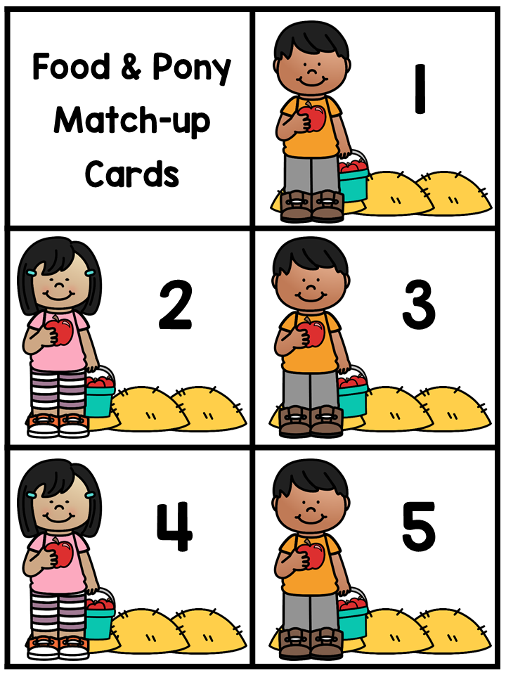 Educational matching cards showing children with apples and hay bales numbered 1-5 for early math learning.