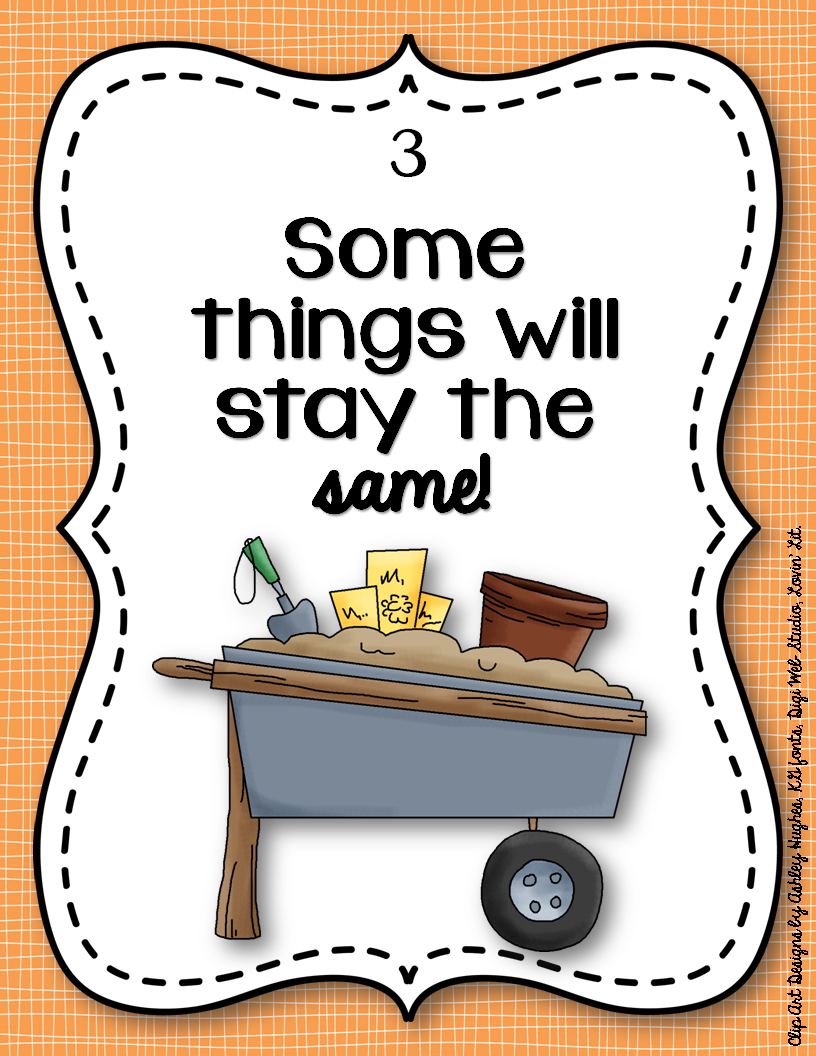 Illustrated wheelbarrow with gardening tools and seed packets, labeled "3 Some things will stay the same!"