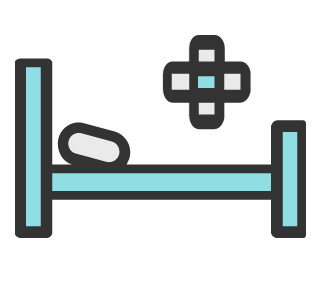 Hospital bed with patient silhouette and medical cross icon, symbolizing healthcare or hospitalization.