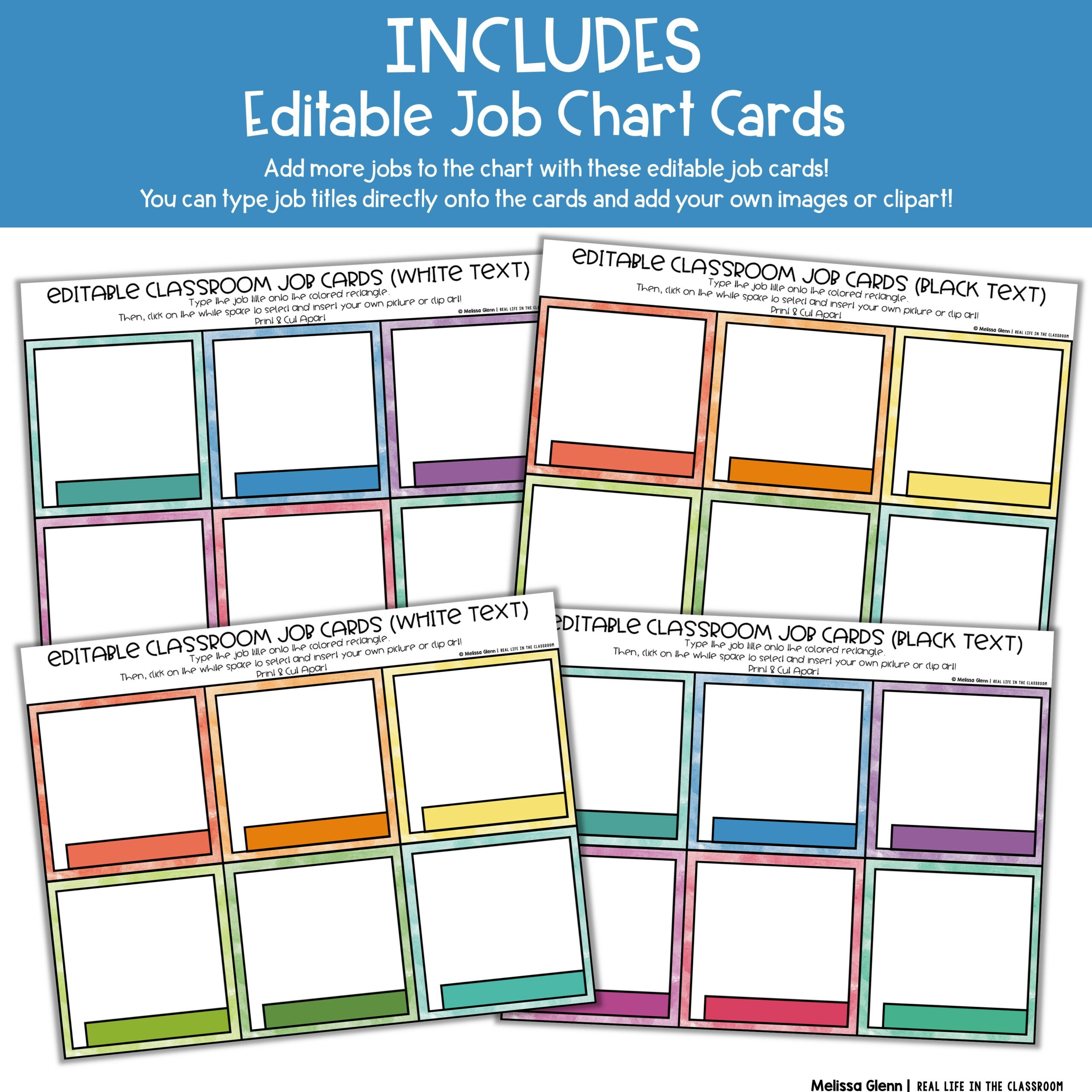Editable classroom job chart cards with colorful watercolor borders and blank spaces for custom job titles and images.