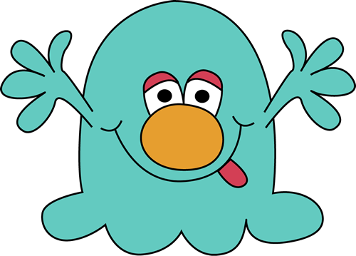 A cheerful teal cartoon monster with big eyes, an orange nose, and raised arms, smiling with tongue out.