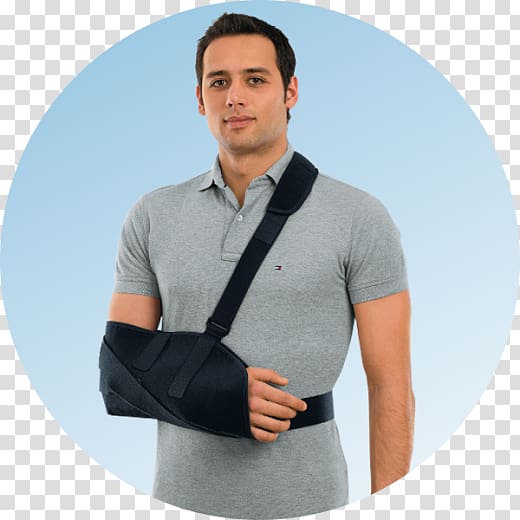 Man wearing a black arm sling for shoulder or arm injury support.