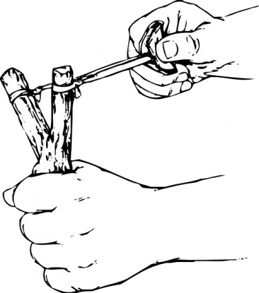 A hand-drawn illustration showing two hands loading a wooden Y-shaped slingshot with a projectile using a stick.