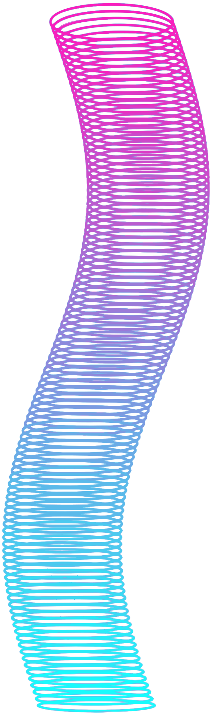 A vibrant gradient slinky toy coiled in a vertical S-shape, transitioning from magenta to cyan against a black background.
