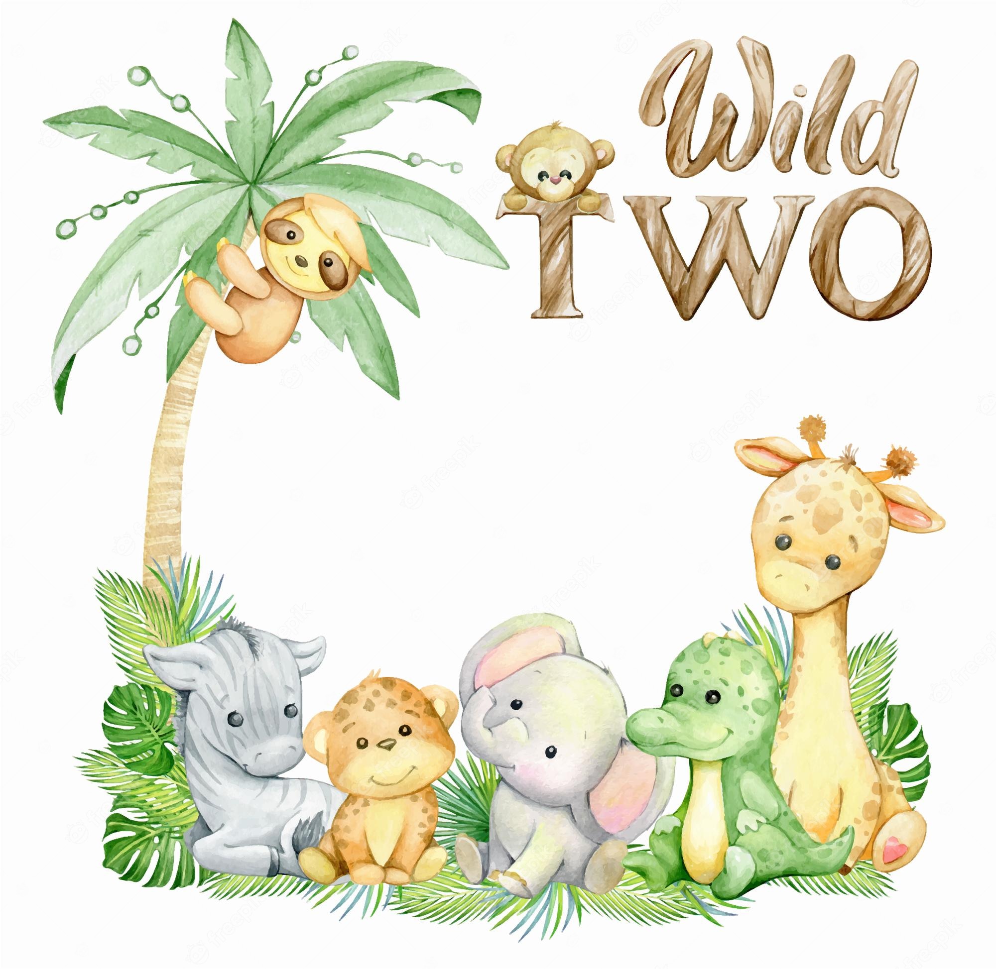 Cute watercolor illustration of baby jungle animals including sloth, monkey, giraffe, elephant, zebra, cheetah, and crocodile with palm tree and "Wild TWO" text.