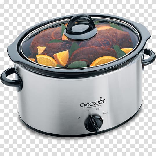 Stainless steel Crock-Pot slow cooker with glass lid, showing a braised roast garnished with orange slices and herbs.