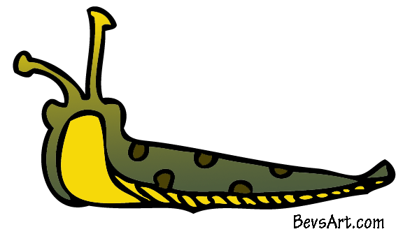 Cartoon-style green and yellow slug with brown spots and antennae, outlined in black.