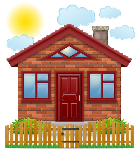 A cheerful red-brick house with a red roof, wooden fence, and sunny sky background.