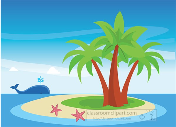 Tropical island with two palm trees, pink starfish, and a whale spouting water in the ocean background.