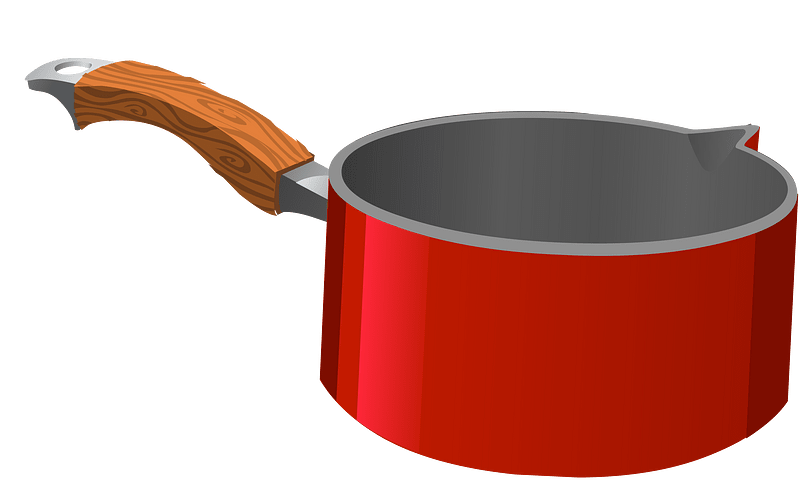 Red saucepan with wooden handle and stainless steel interior, isolated on green background.