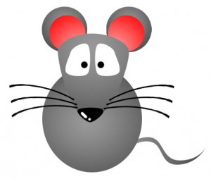Cartoon gray mouse with red ears, wide eyes, and whiskers on white background.