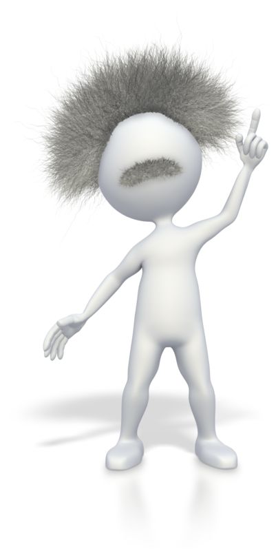 White 3D cartoon figure with wild gray hair and mustache, pointing upward with one hand.