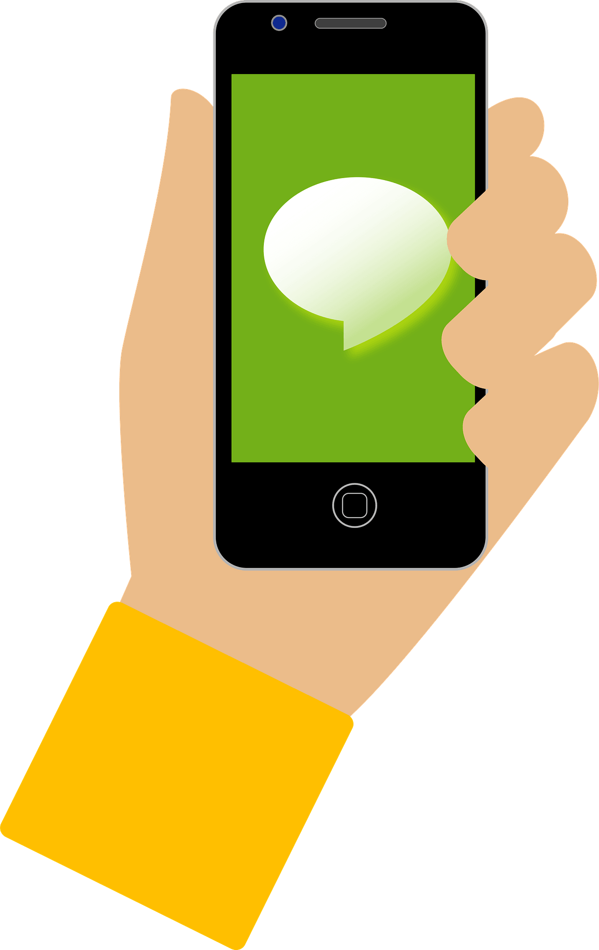 Hand holding smartphone displaying a white speech bubble on green screen, symbolizing messaging or communication.