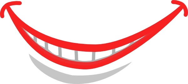 Red cartoon-style smiling mouth with white teeth and gray shadow, conveying happiness or positivity.