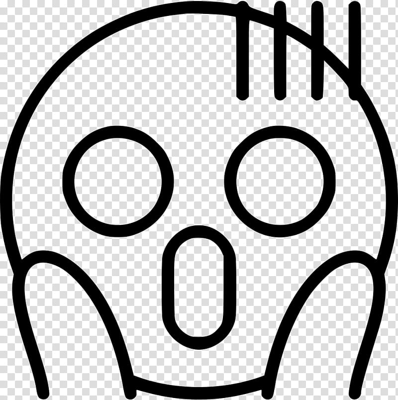 Simple black-and-white line drawing of a shocked face with wide eyes, open mouth, and hands on cheeks.