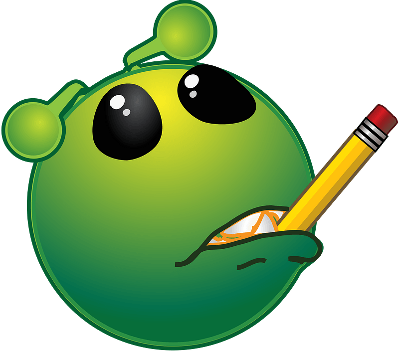 Green cartoon alien with large eyes holding a yellow pencil in its mouth.