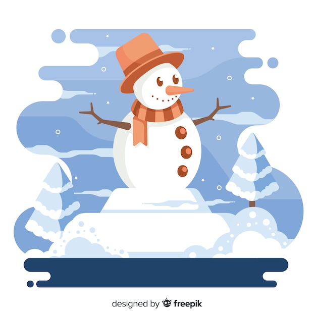 Cheerful snowman wearing orange hat and scarf, standing in snowy landscape with pine trees and clouds.