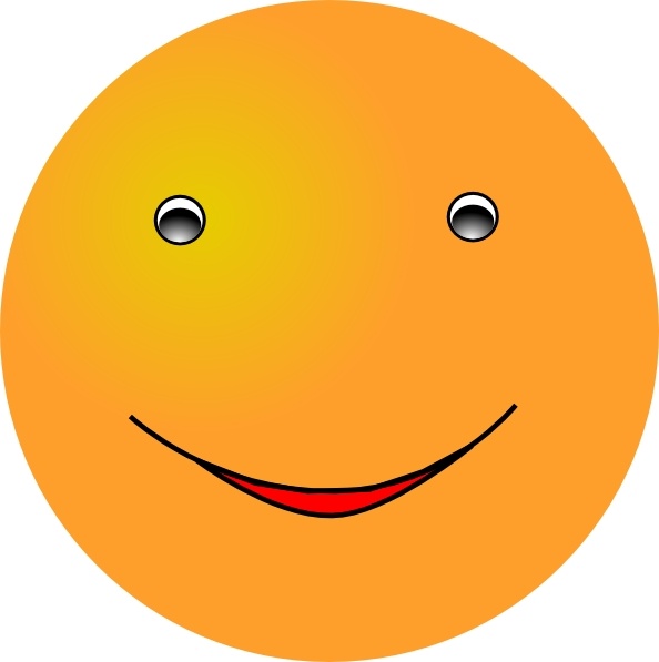 Smiling orange emoji face with black eyes and red lips, conveying happiness and positivity.