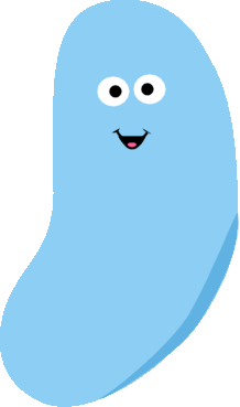 A cheerful light blue bean-shaped cartoon character with big eyes and a smiling mouth.