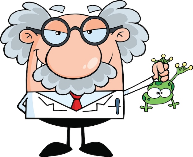 Cartoon scientist with wild gray hair and glasses holding a green frog.